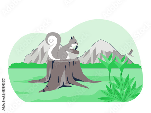 A squirrel with a bushy tail, sitting on a tree stump and holding a nut in a natural setting. Ecosystem vector illustration. Flat illustration concept.