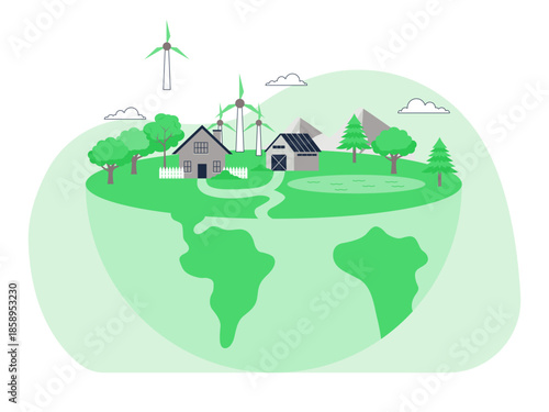 Eco-villages that combine environmentally friendly practices and renewable energy sources to minimize environmental impact. Ecosystem vector illustration. Flat illustration concept.