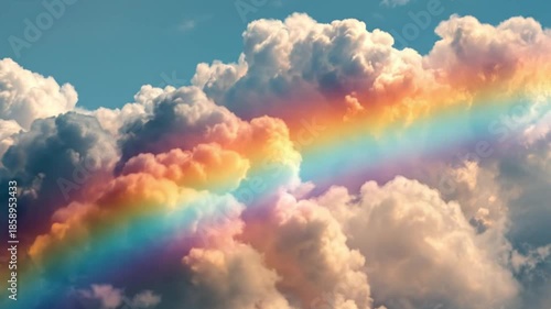 A magnificent and vibrant rainbow gracefully arcs across a beautiful sky, filled with an array of fluffy, dynamic clouds. The celestial spectacle displays a full spectrum of radiant colors, from rich 