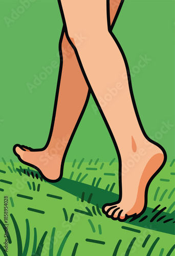 Bare feet walk through vibrant green grass in a close-up, stylized illustration