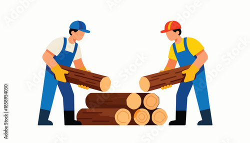 Two workers in overalls carrying logs