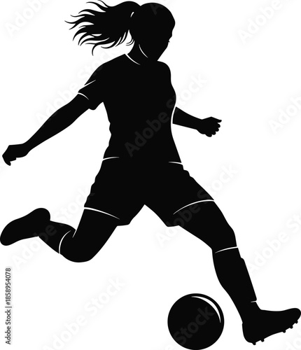 Black silhouette of a female soccer player kicking a ball, athletic woman character for sports competition, training, and fitness concepts (20 words)