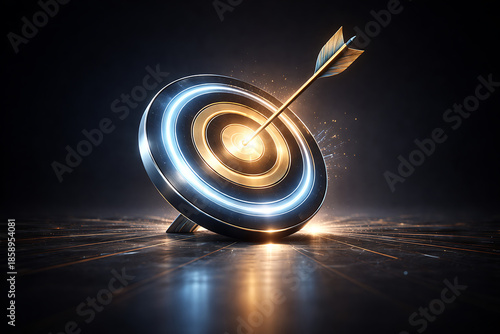 Target with Arrow Hitting Center in Dramatic Lighting