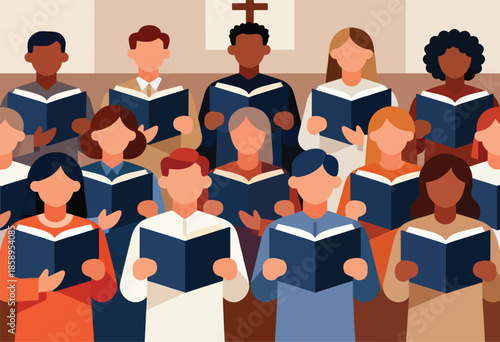 Diverse group of people in a choir, holding open books and singing
