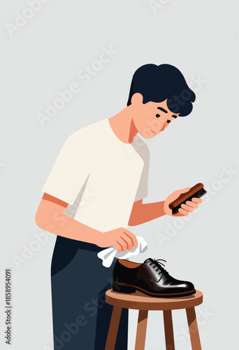 Man polishing a black dress shoe on a stool with cloth and brush