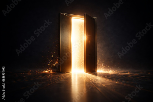 Open Door Revealing Bright Light and Sparkles
