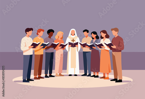 Diverse individuals gather for a religious ceremony, reading from books