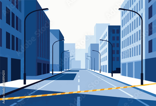 Abstract cityscape with warning tape across an empty street