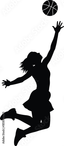 Black silhouette of female basketball player jumping for a layup shot, athletic woman sports character for competition, fitness and training (20 words)