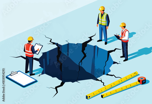 Workers inspect a large crack in the ground with clipboards and a measuring tape