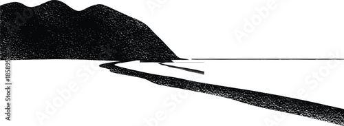 Black silhouette of mountain hills overlooking a calm beach shore, scenic nature landscape for travel, vacation, environment, and outdoor adventure (20 words)