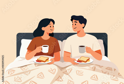Couple enjoys breakfast in bed with coffee and toast
