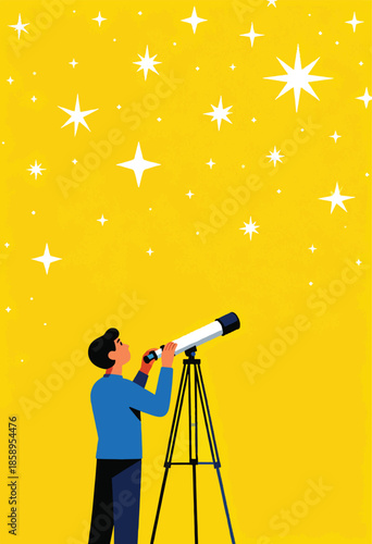 Person gazes through telescope at a starry yellow sky