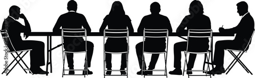 PrintBlack silhouette of professional people sitting at a long table for a business meeting, corporate team conference and collective workshop (20 words)