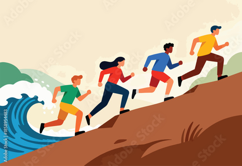 Diverse group running uphill from a wave toward a serene horizon