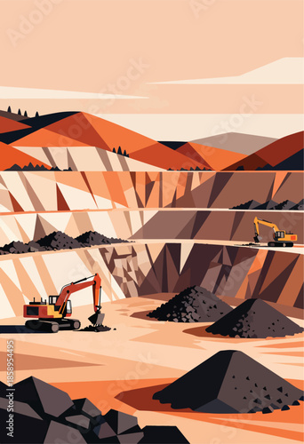 Excavators work in a vast, layered quarry under a hazy, orange sky