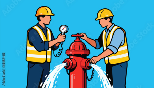 Two workers check water pressure at a fire hydrant