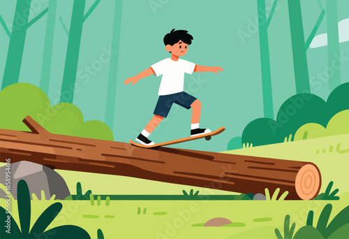 Young boy skateboarding on a fallen log in a forest