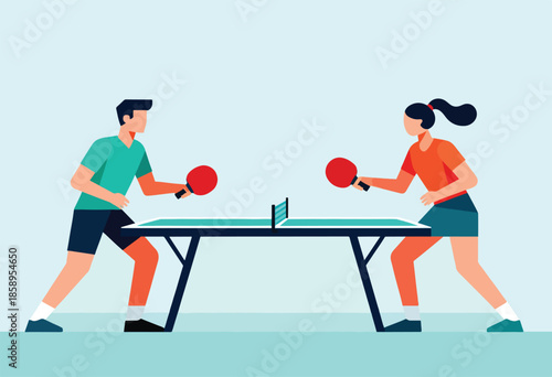 Male and female figures playing table tennis against a light blue background