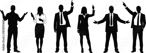 PrintBlack silhouette set of business people in suits gesturing and pointing, professional corporate team for presentation, leadership, and success concepts (20 words)