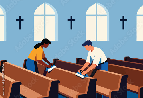 Two people cleaning pews in a church with blue walls and arched windows