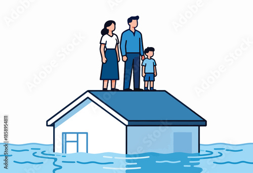 Family stands on flooded house roof