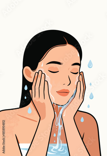 Young woman gently washing her face with water