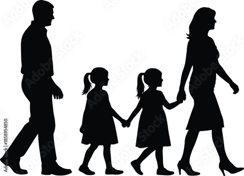 Black silhouette set of happy family with parents and two daughters walking together, isolated on white background for lifestyle design.