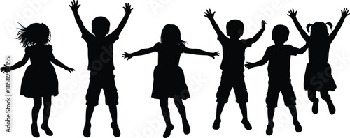 Black silhouette set of happy children jumping and cheering, diverse group of kids celebrating together, isolated on a white background.