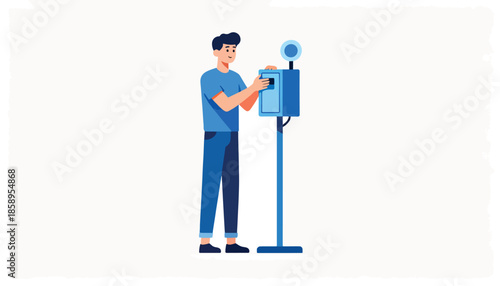 A man in a blue shirt and jeans interacts with a blue photo booth