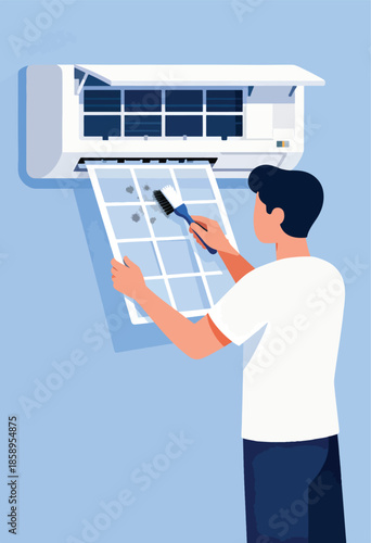 Man cleaning dirty air conditioner filter with a brush