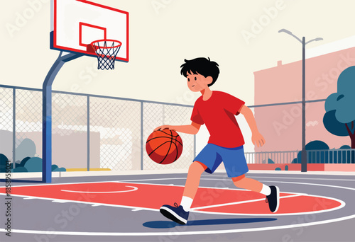 A young boy dribbles a basketball on an outdoor court near a hoop and fence