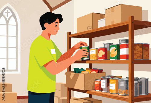 Young person organizes canned goods and boxes on shelves in a pantry