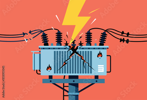 Damaged electrical transformer struck by lightning, sparking and burning