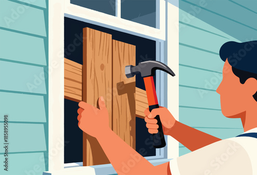 Person boarding up a window with wood planks and a hammer