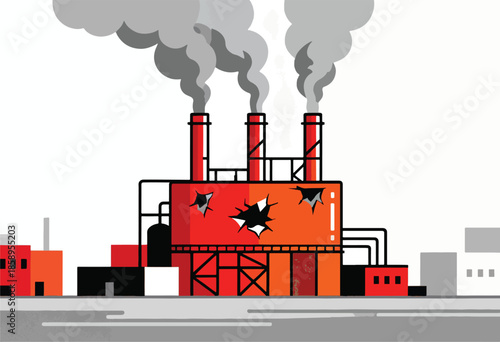 Smoking factory smokestacks release gray plumes over a damaged industrial building