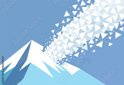 Abstract mountain peak with cascading white triangles against blue sky