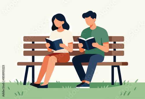 Two people sitting on a park bench reading books