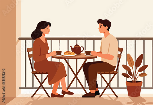 Couple enjoying tea and pastries on a balcony