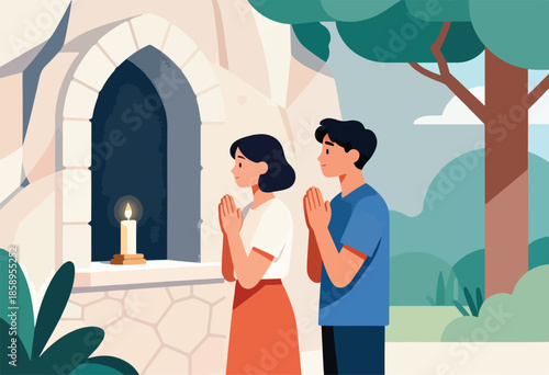 Two individuals in prayer by a candlelit window within an arched stone structure