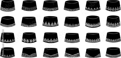 Collection of Black and White Line Art Kufi Caps Icons - Traditional Islamic Headwear Fashion Apparel Vector Set