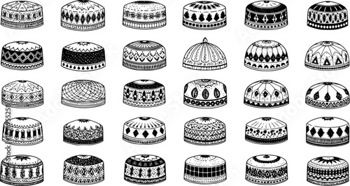 Traditional Islamic Culture Prayer Caps  Kufi Hats Vector Collection. Hand-drawn Black and White Line Art Sketches of Diverse Muslim Headwear Patterns for Religious and Cultural Design Assets.