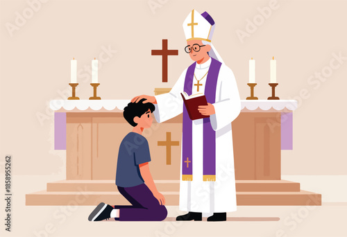 Clergy blessing young person kneeling at altar with holy book and cross