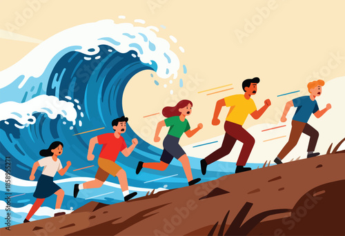 People running from a giant wave
