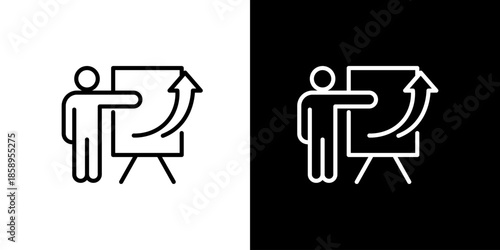 Modern line icon professional presenting growth strategy on flip chart, symbolizing business improvement, progress, and successful development