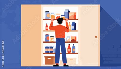 Person reaching into a pantry filled with jars, bottles, boxes, and cans