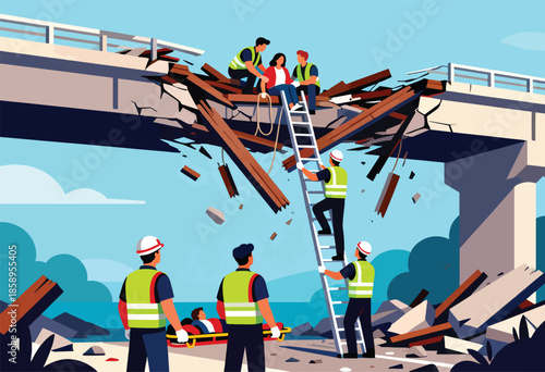 Rescue workers assist victims from a collapsed bridge over a body of water