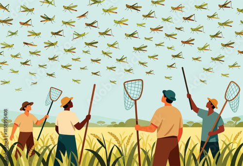 People with nets capturing grasshoppers in a field