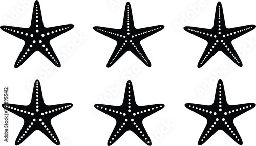 Black silhouette set of starfish with dotted patterns, marine life collection for nautical summer beach theme, ocean nature and sea (20 words)