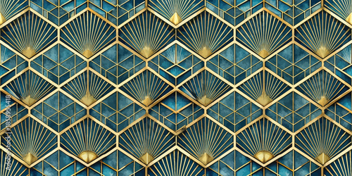 Elegant geometric pattern with gold and teal accents, creating a luxurious and modern aesthetic.